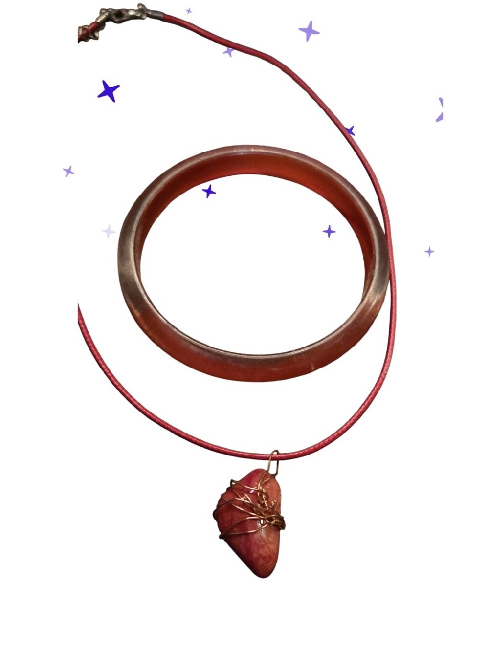 Handcrafted Orange/red Stone Pendant Necklace with Matching Orange Vtg Bangle